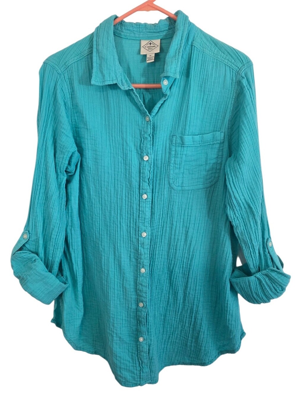 St John's Bat 100% Cotton Long Sleeve Button Down Green/Blue Shirt Size XL